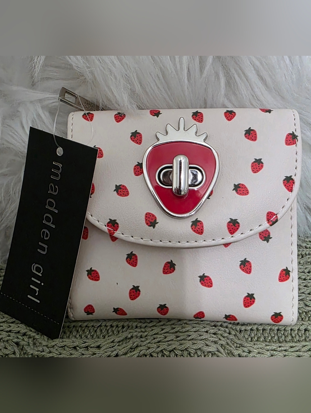 NWT Madden Girl Wallet with Red Strawberry Print and Silver-Tone Turnlock, White